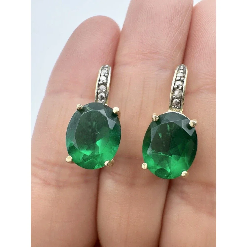 Gold Over Sterling Silver Genuine Diamond Green Stone Earrings